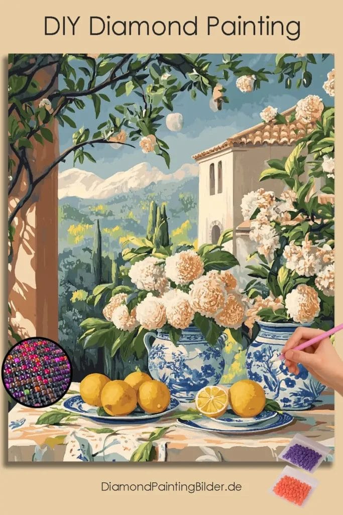 Früchte und Blumen mit Stadtkulisse
