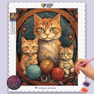 Cat and Kittens with Yarn Balls