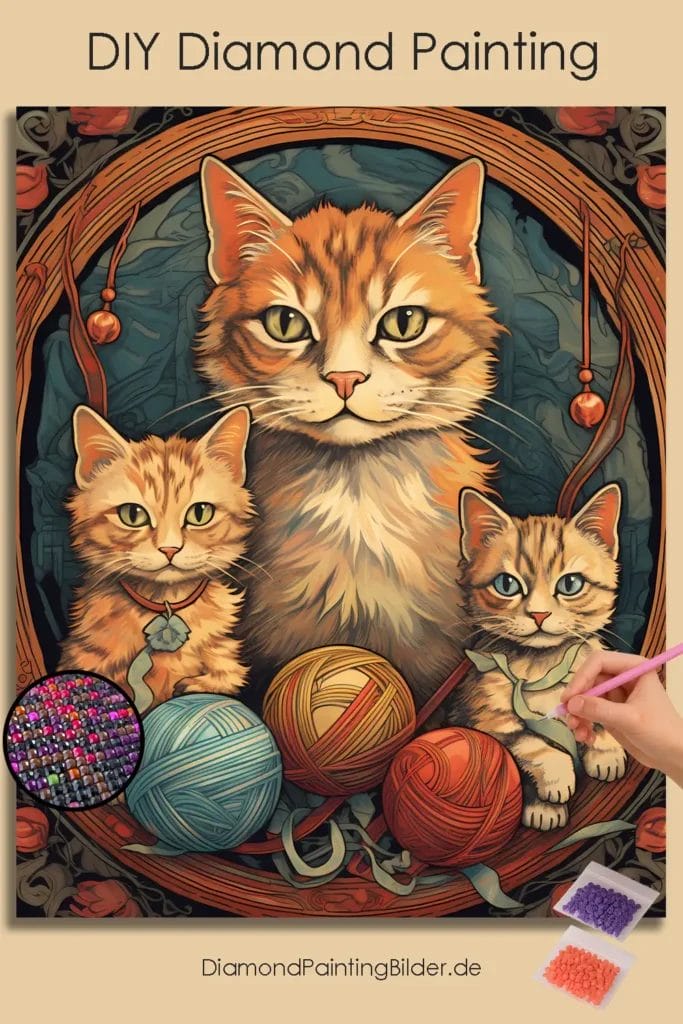 Cat and Kittens with Yarn Balls