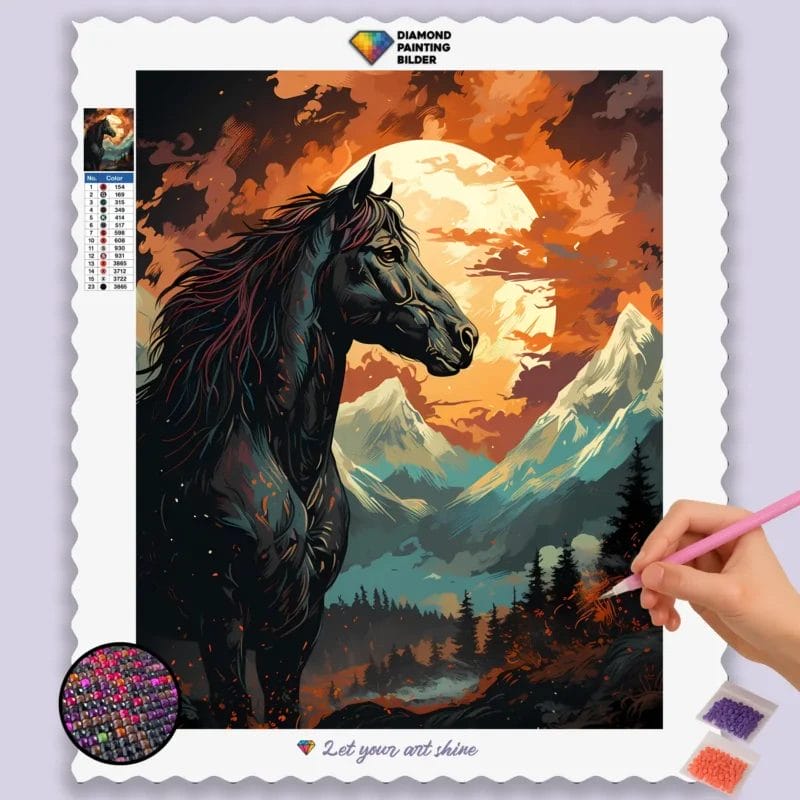 Black horse and Mountains