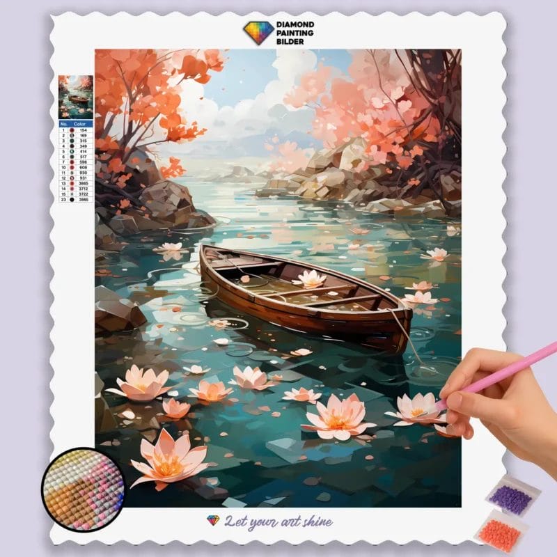 Flowers and Boat in a Lake
