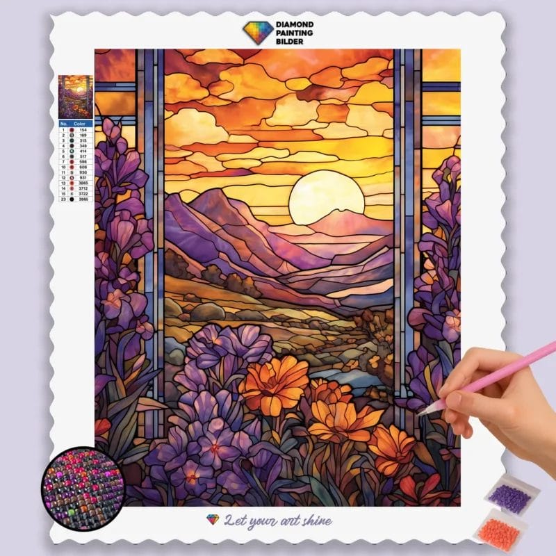 Sunrise in Mountains Stained Glass